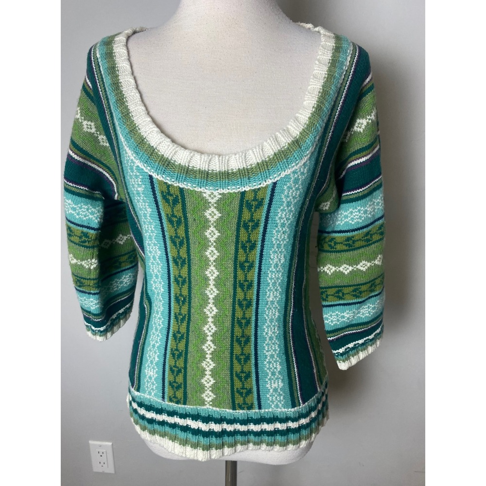 Old Navy Y2K Fair Isle Knit Sweater Green Teal Scoop Neck Bell Sleeve Small